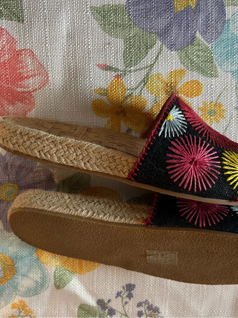 Jack Rogers navy  Embroidered Floral Espadrille Slides with Red & Yellow Accents